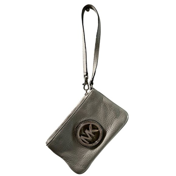 Michael Kors Wristlet Womens One Size Gray Pebbled Leather MK Logo Zip Clutch - Picture 5 of 9